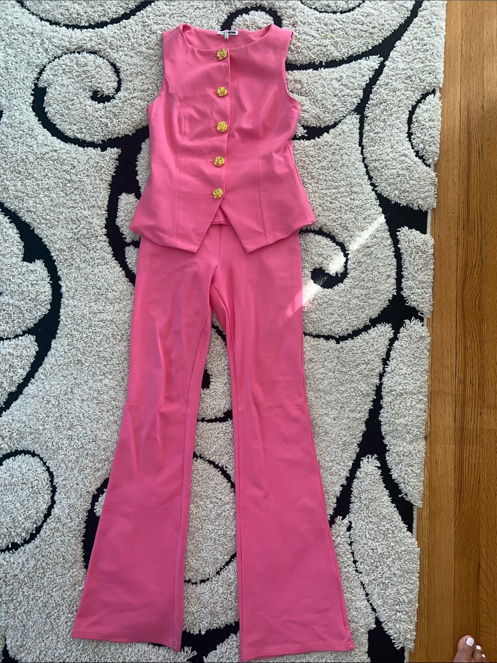 Fashion Nova Hot Pink Sleeveless Button Vest & Flare Pants Set